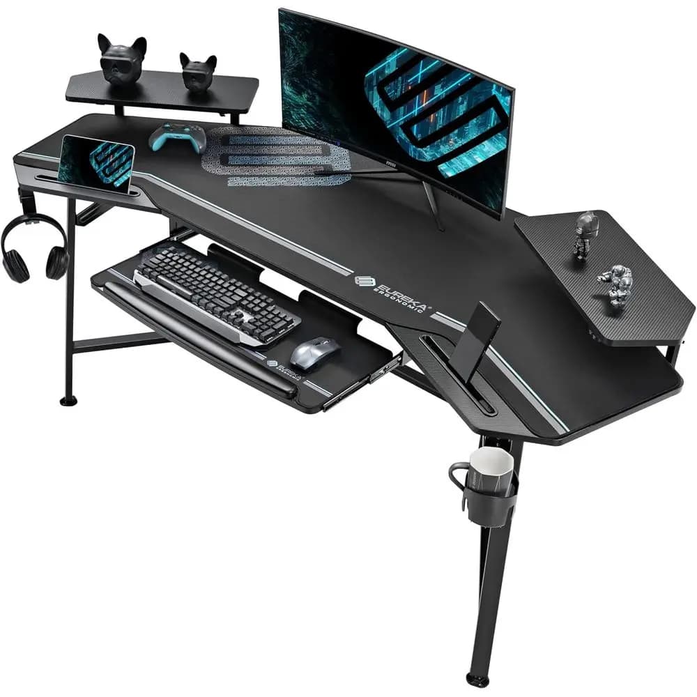 72 large gaming desk with LED lights, keyboard tray, double support for monitors, cup holders: ideal for spinning stars and players in black