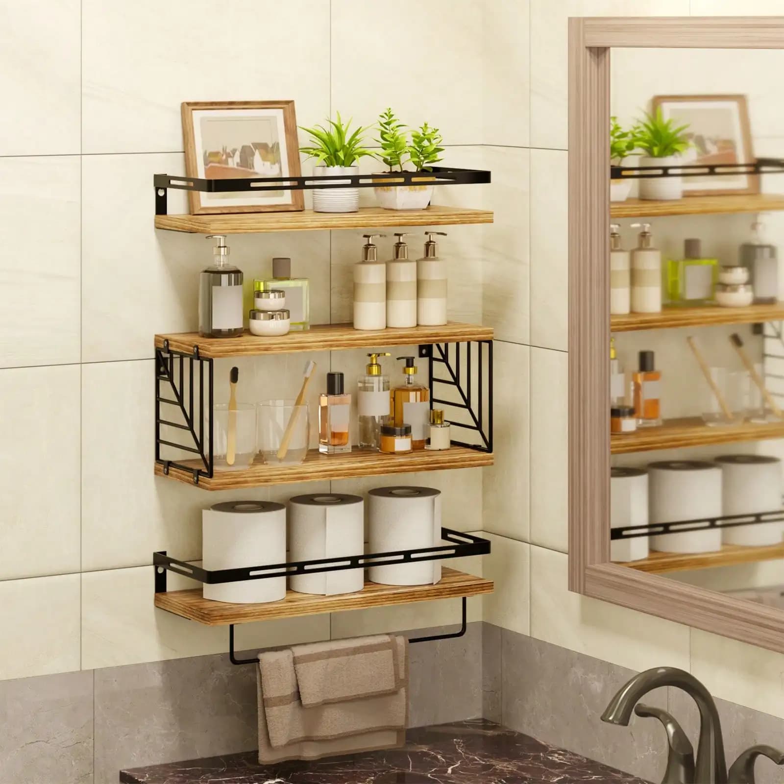 3+1 Tier Wall Mounted Over Toilet Bathroom Shelves, Rustic Wood Floating Shelves with Metal Frame & Towel Bar, Multi-Purpose Storage Organizer for Bathroom, Kitchen, Bedroom, Living Room, Home Decor