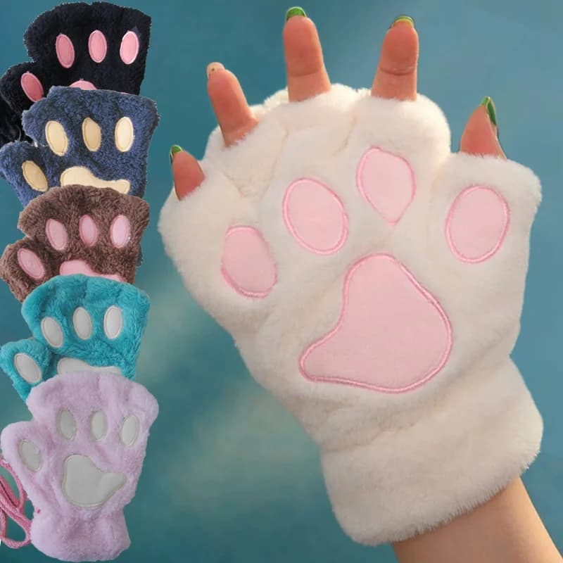Rimiut Cartoon Cat Claw Gloves for women girls thickened plush style adorable finger bear leg exposed half fingers winter gloves