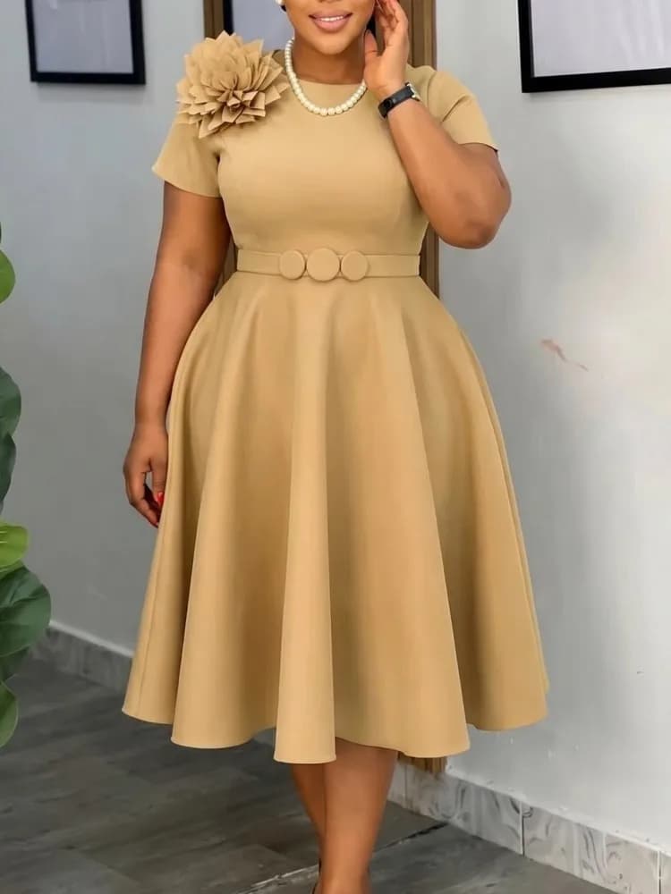 Plus Size Summer Autumn New Solid Color Matching O-Neck Short Sleeves Fashion Commuting Slim Fit Midi Length Elegant Style Dress