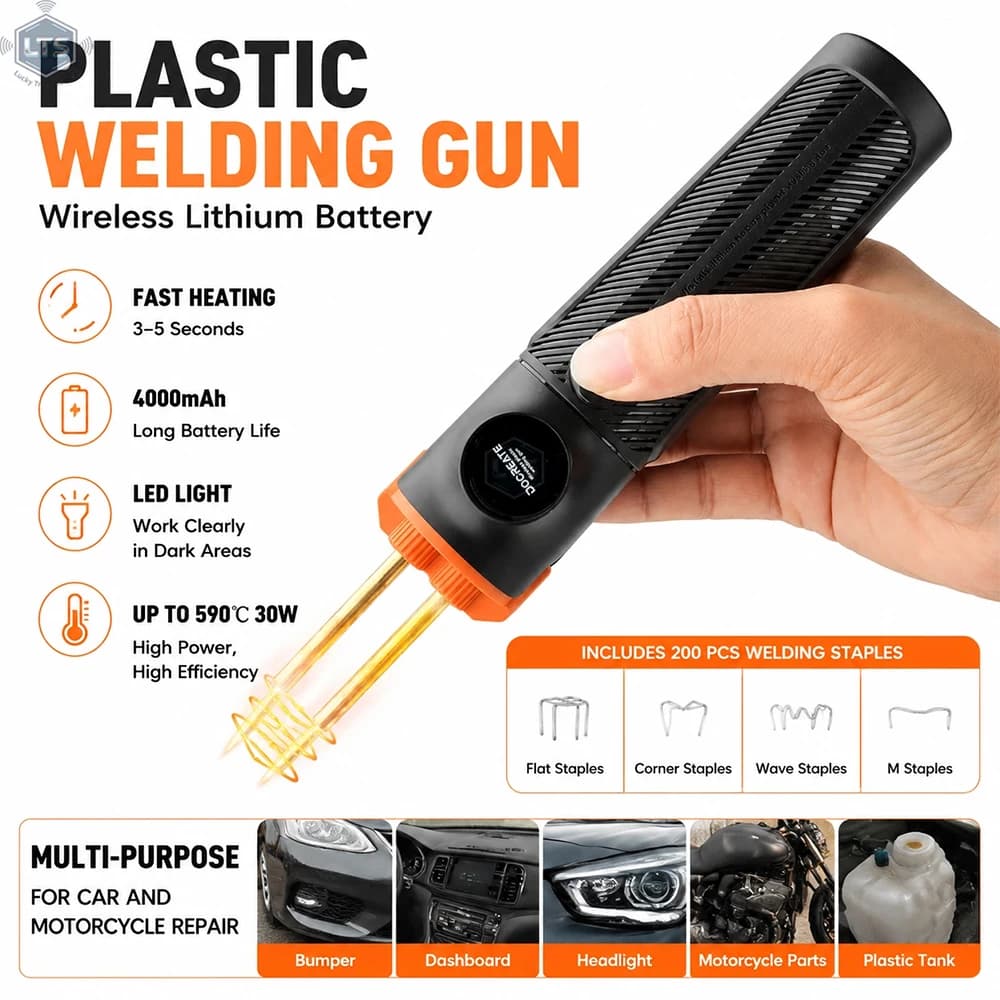 Pistola per Saldatura Plastica Senza Fili Tipo-C 5000mAh 30W Riscaldamento Rapido con 200 Bacchette per Riparazione Paraurti e Cruscotto Auto