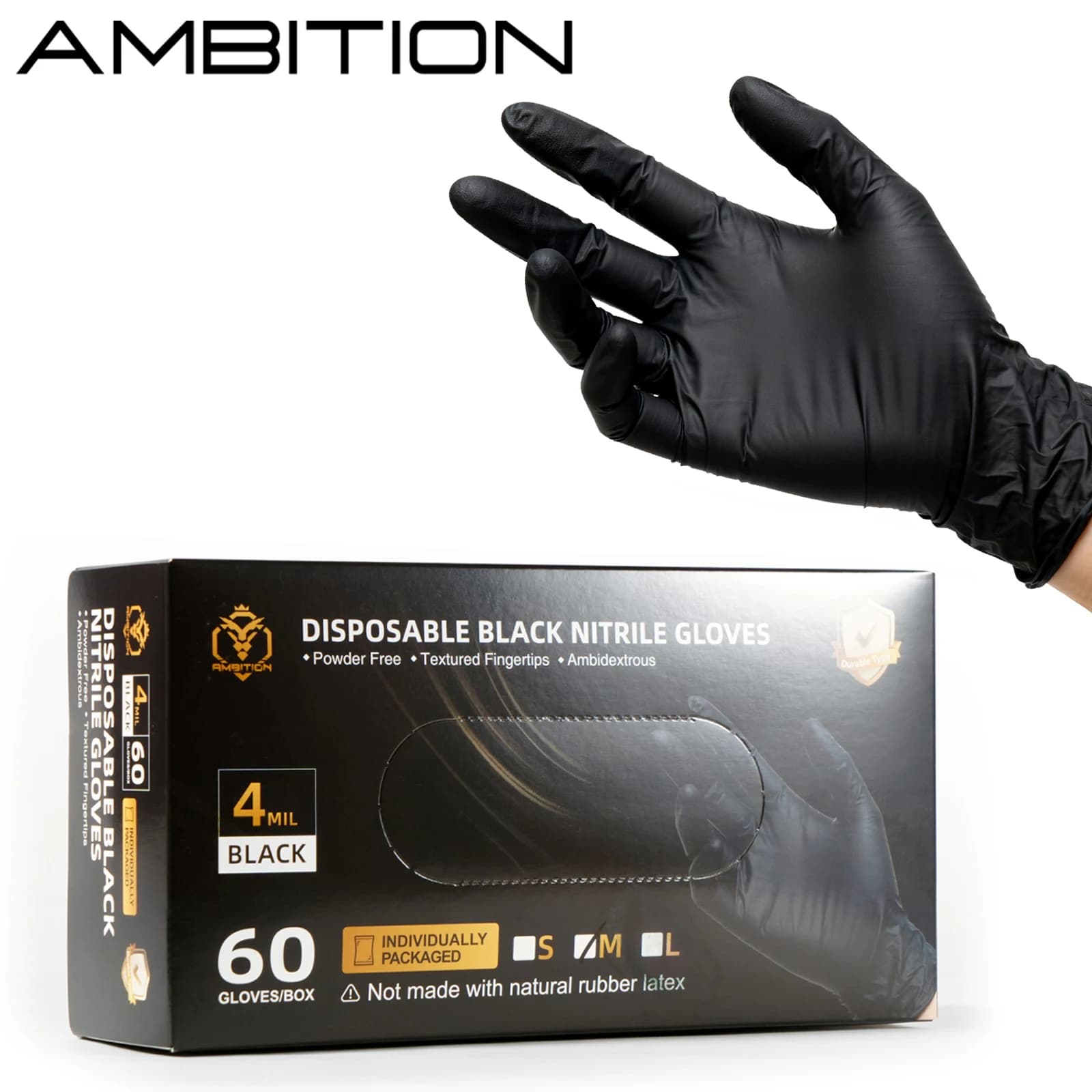 Ambition Guanti monouso da 60 pezzi Guanti da lavoro per tatuaggi Guanti in nitrile nero 30 paia Guanti da tatuaggio meccanico senza lattice puliti da 4 mil addensati