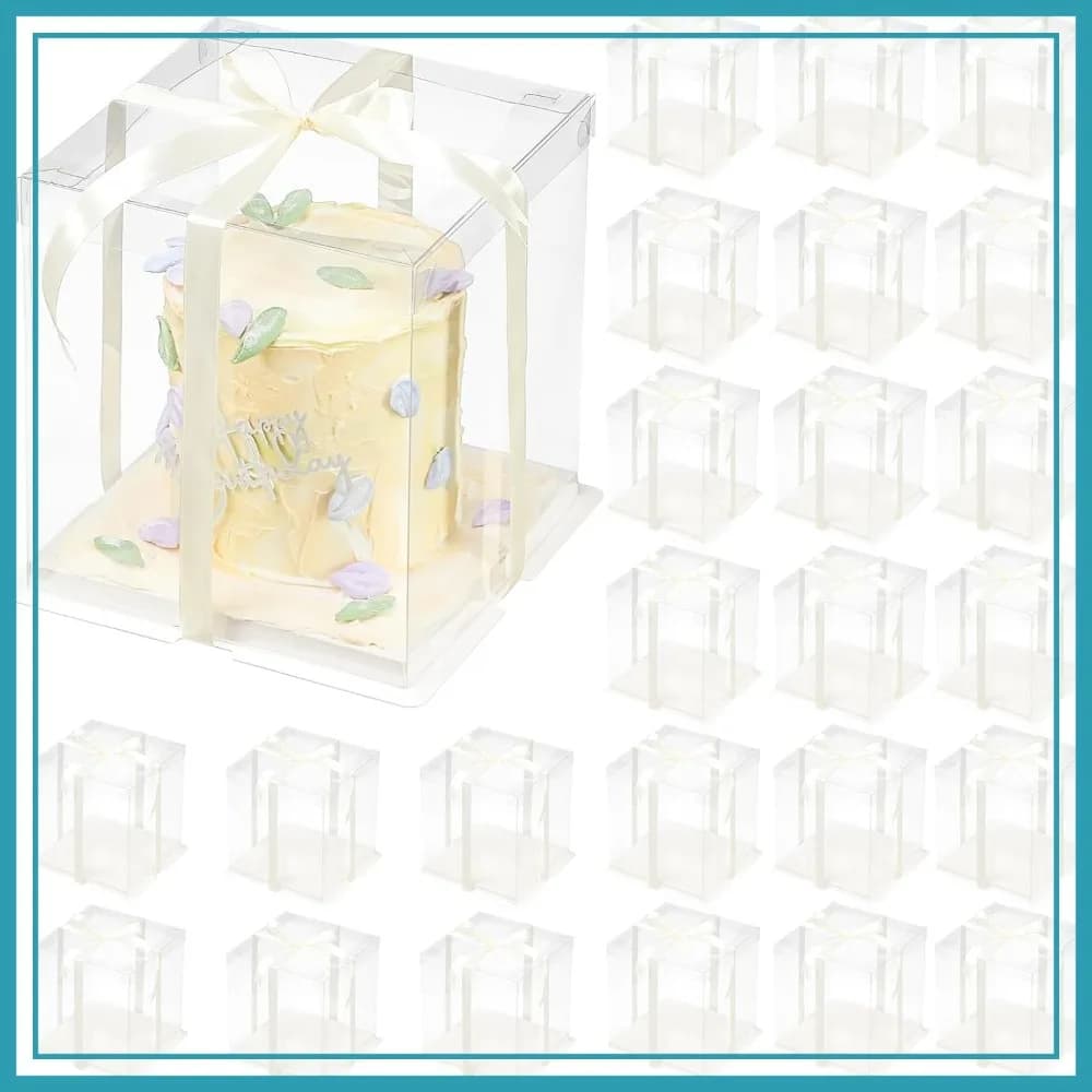 Confezione da 24 Scatole Regalo Trasparenti con Nastro, 2 Strati 8.5x8.5x9 Pollici, Confezione per Torte in PET, Contenitori Trasparenti con Coperchi per Compleanni e Matrimoni