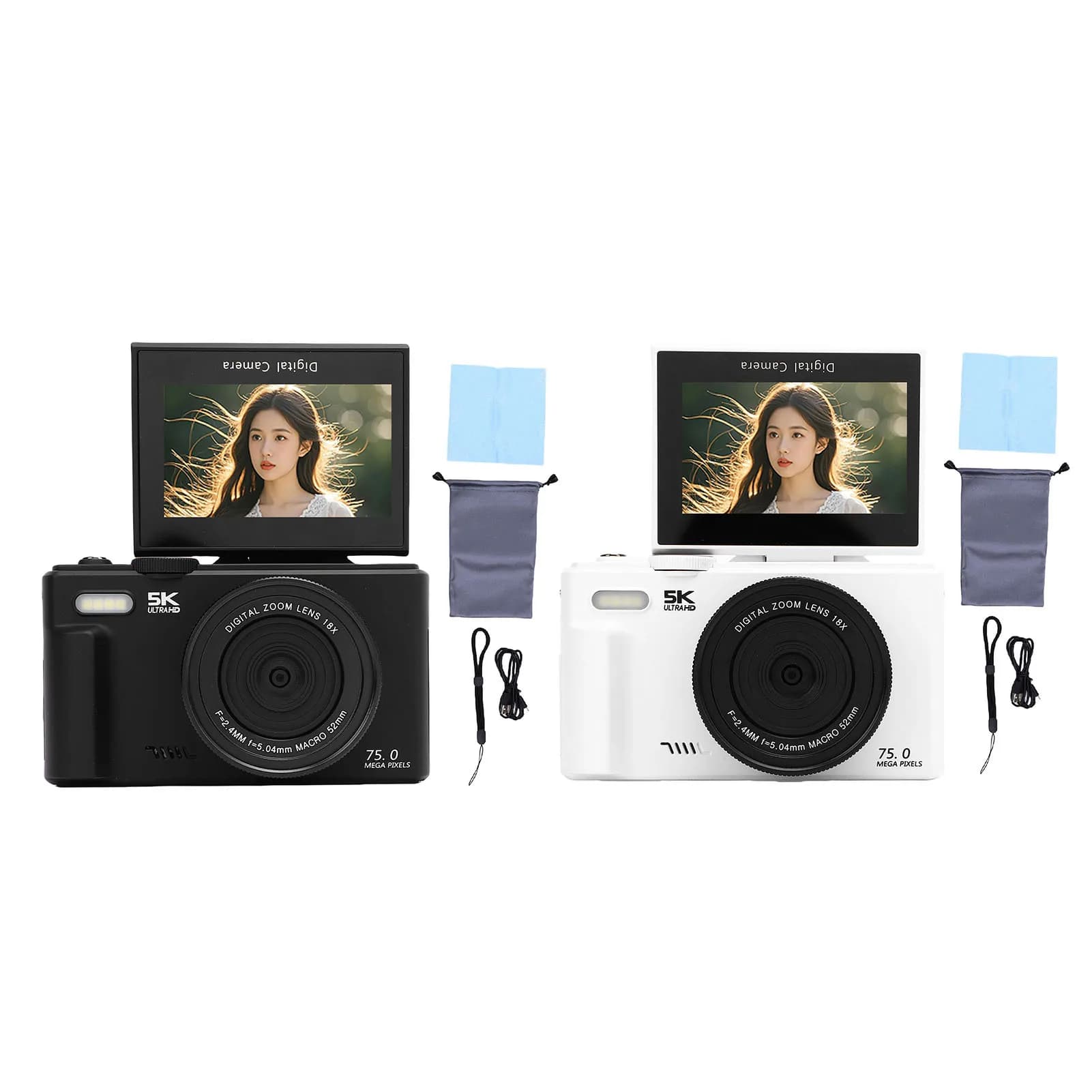 5K 75MP Digital Camera UHD AF Autofocus 18X Zoom WiFi Camera Webcam with 3 Inch 180° Flip Screen Flash 64GB for Travel Vlogging