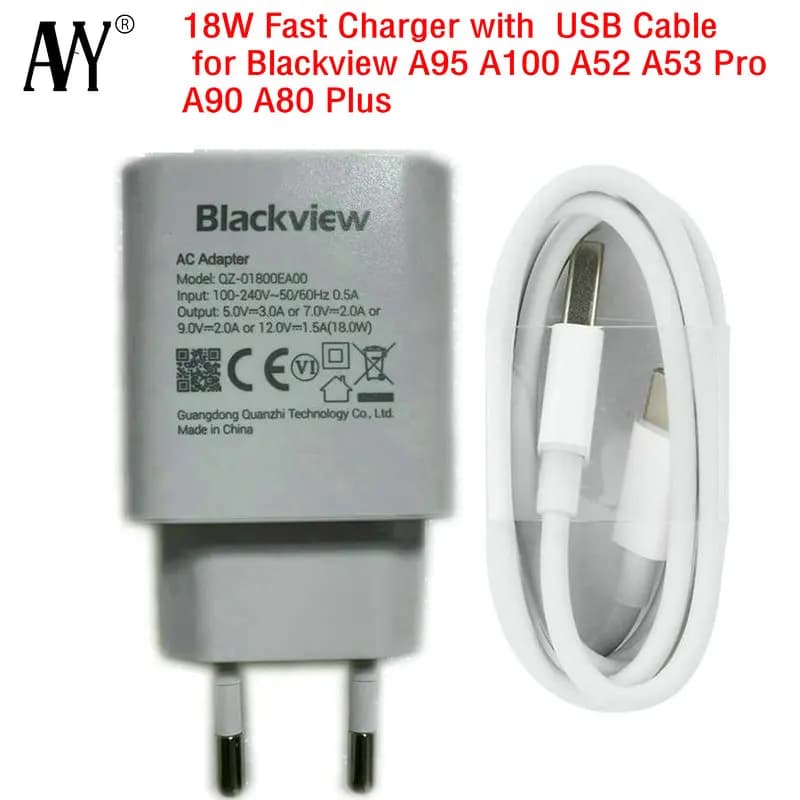 Power Adapter for Blackview A95 A100 A52 A53 Pro A90 A80 Plus 18W EU Original Travel Charger Fast Charge Plug Type C USB Cable