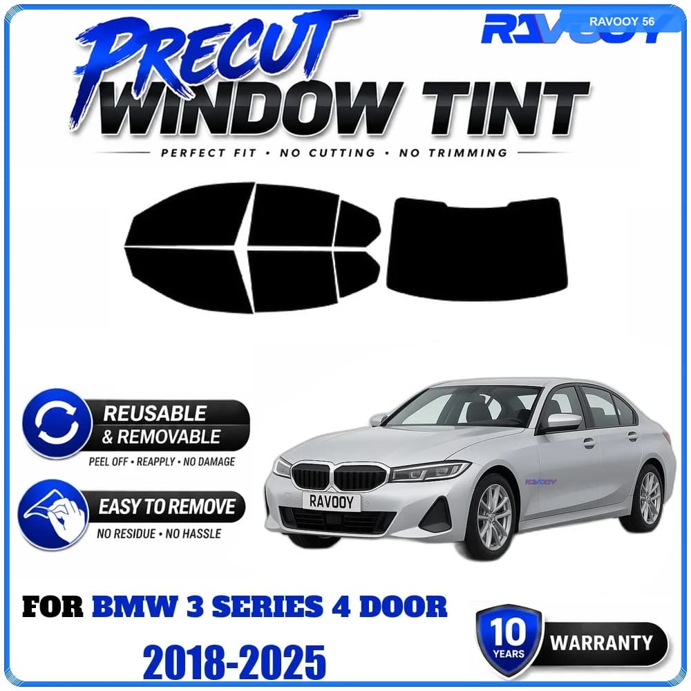 RAVOOY Precut Window Tint, Reusable Removable EPU Film, Custom Fit for Bmw 3 Series 4 Door 2018-2025, UV Heat Protection