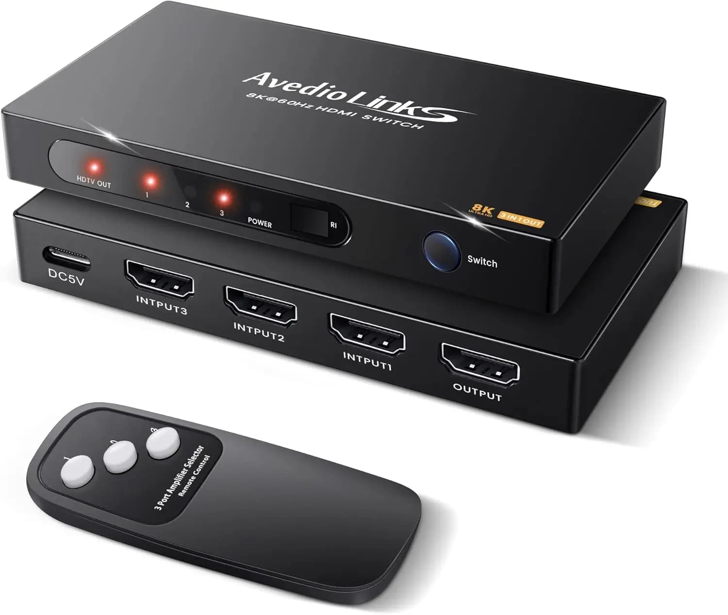 HDMI switch 8K to 3 ports, 3 inputs 1 output, switcher 2.1 HDMI 8K@60Hz 4K@120Hz, HDMI splitter with remote control for PS5, Xbox, Fire Stick, Roku TV, Mo