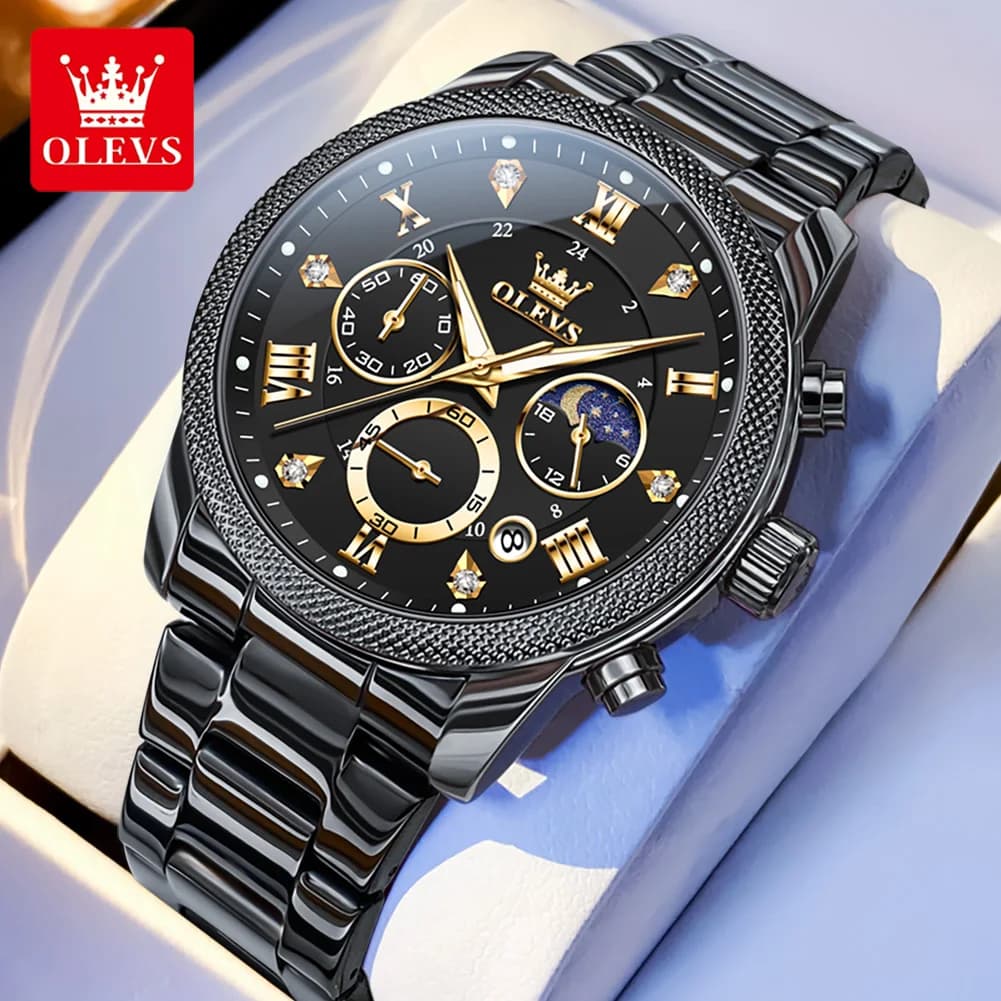 OLEVS Sports Black Steel Watches for Men Waterproof Calendar Luminous Moon Phase Stainless Steel Male Wristwatch reloj hombre