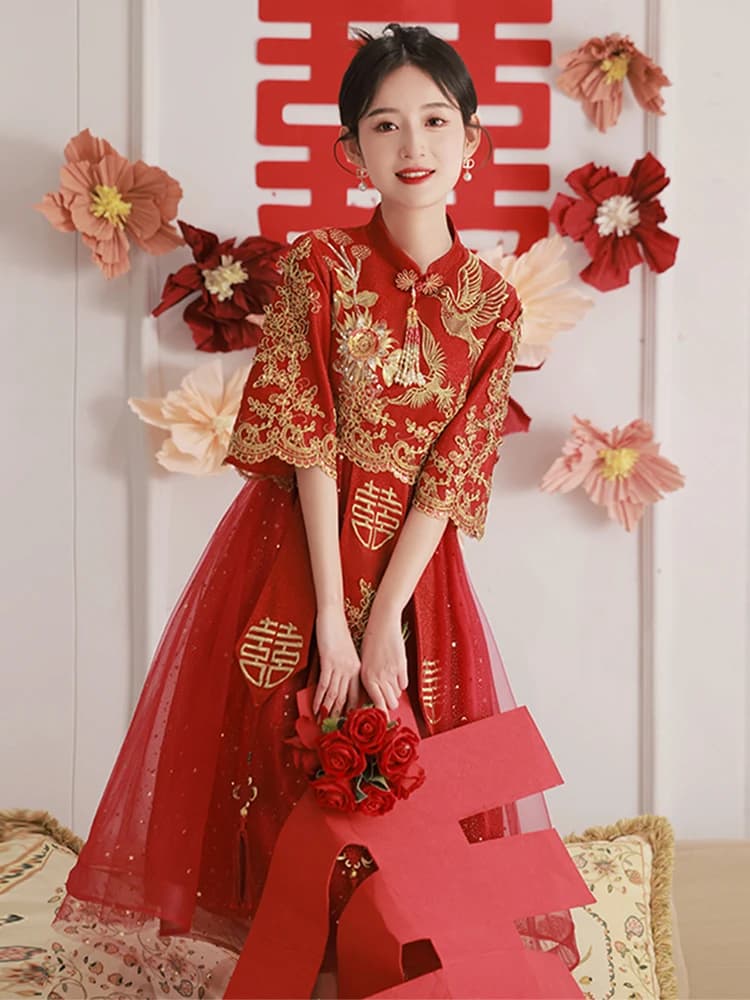 Slimming Chinese Wedding Dress New 2026 Version Qiuhe Bride Dress Maternity plus Size Evening Gown Engagement Party Dress