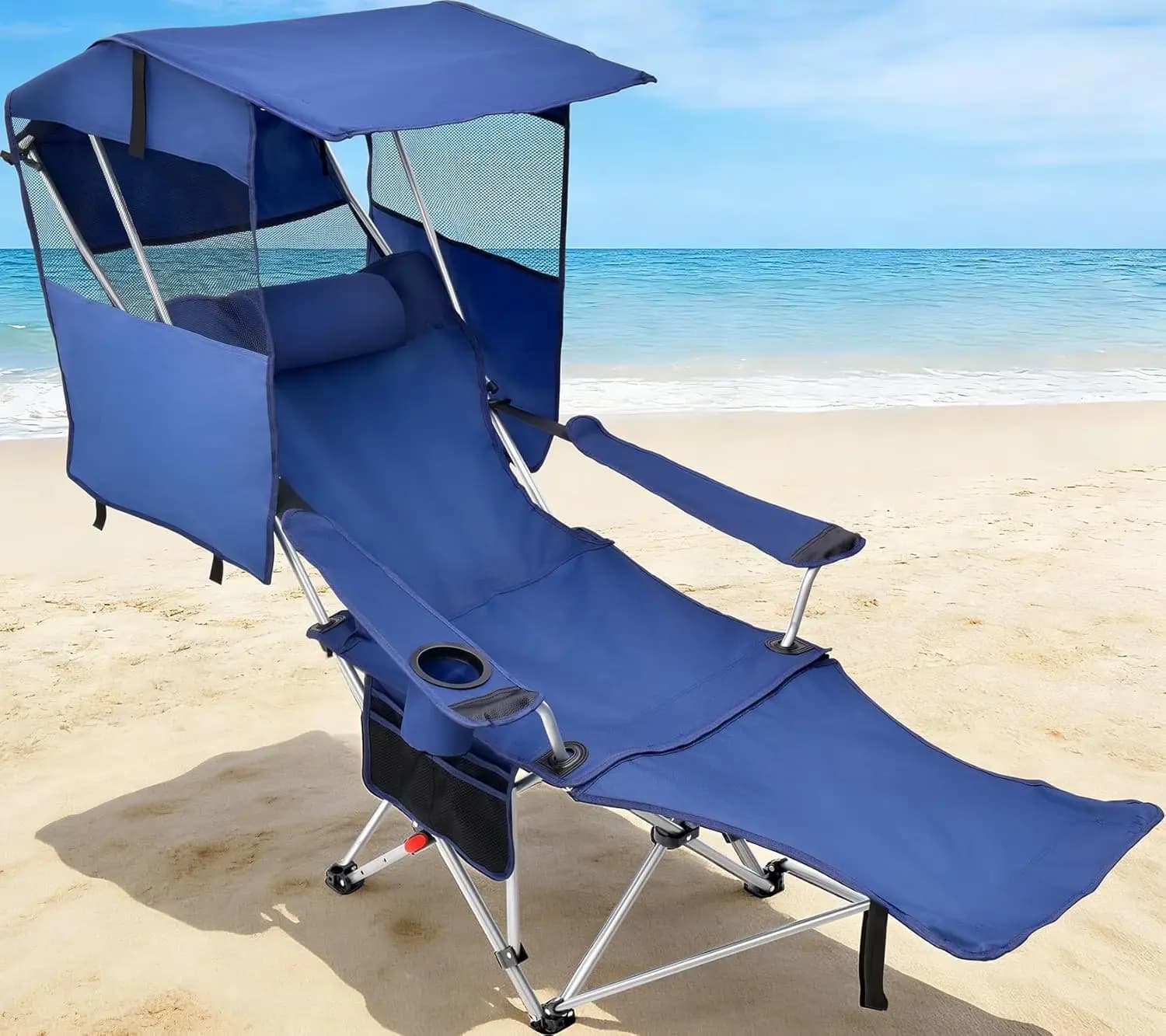 Sedia da campeggio reclinabile con tettuccio regolabile, poggiapiedi e poggiatesta | Sedia da spiaggia pieghevole a 4 posizioni, supporta 330 libbre