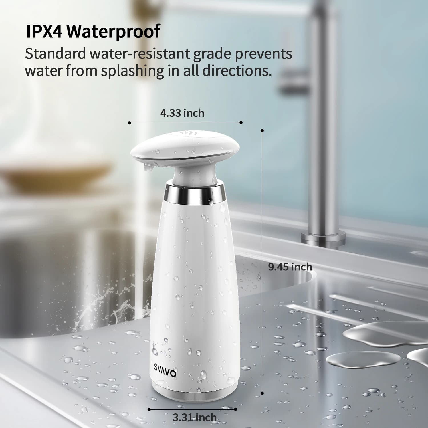 SVAVO Dispenser automatico di sapone da 350 ml, lavaggio intelligente, sensore a infrarossi alimentato a batteria, cucina da bagno regolabile a 3 livelli
