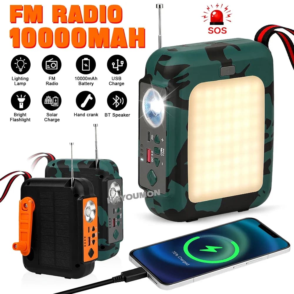 Nuova radio portatile a manovella radio di emergenza radio di emergenza solare con allarme BT FM SOS 10000mAh Power Bank e lampada da lettura