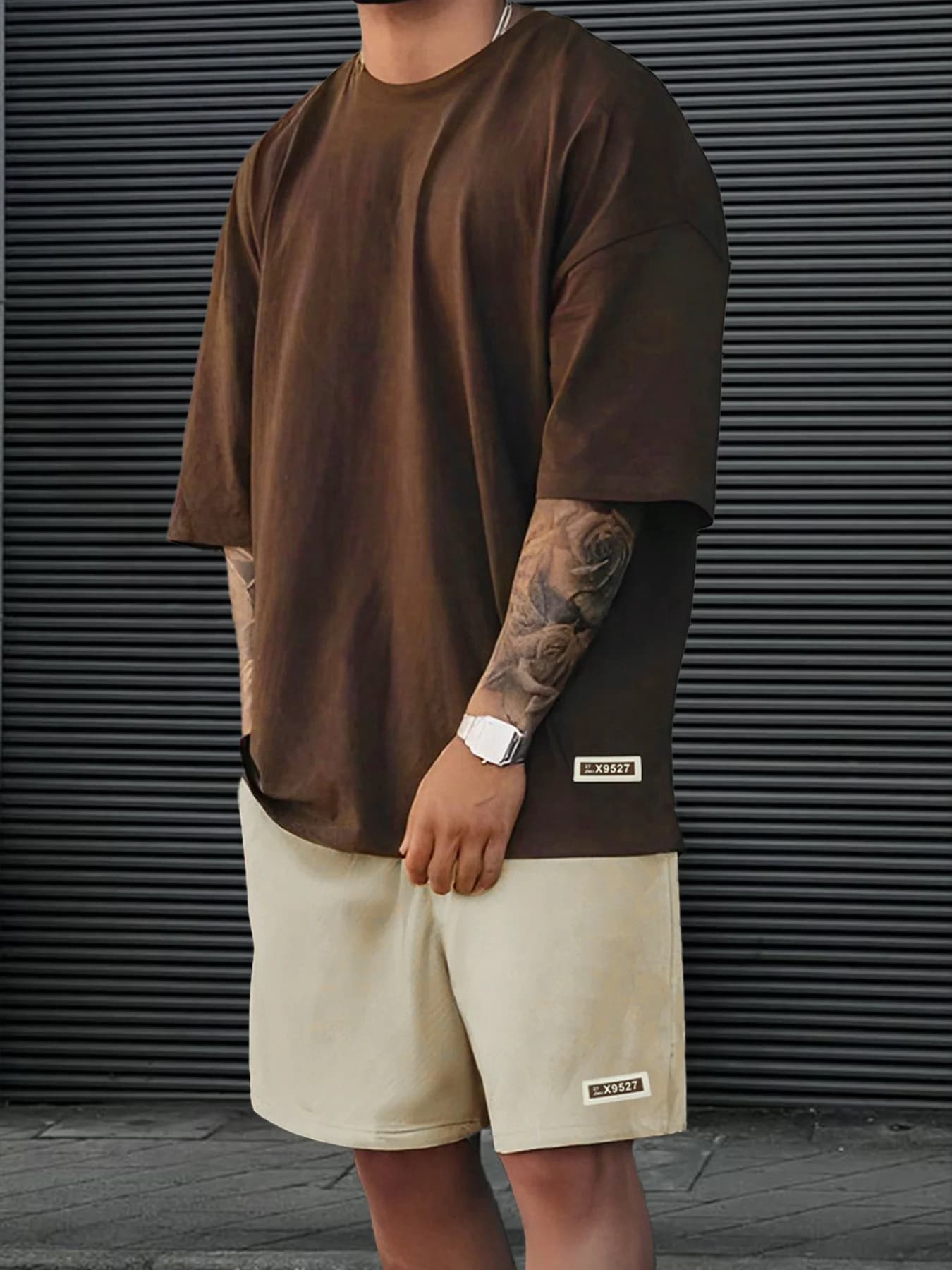 Men's Two-Piece Set in Contrasting Colors: Coffee Brown and Beige, Casual Loose-Fitting Round-Neck Short-Sleeve T-Shirt and Drawstring Shorts, Summer Daily Casual Outfit Set