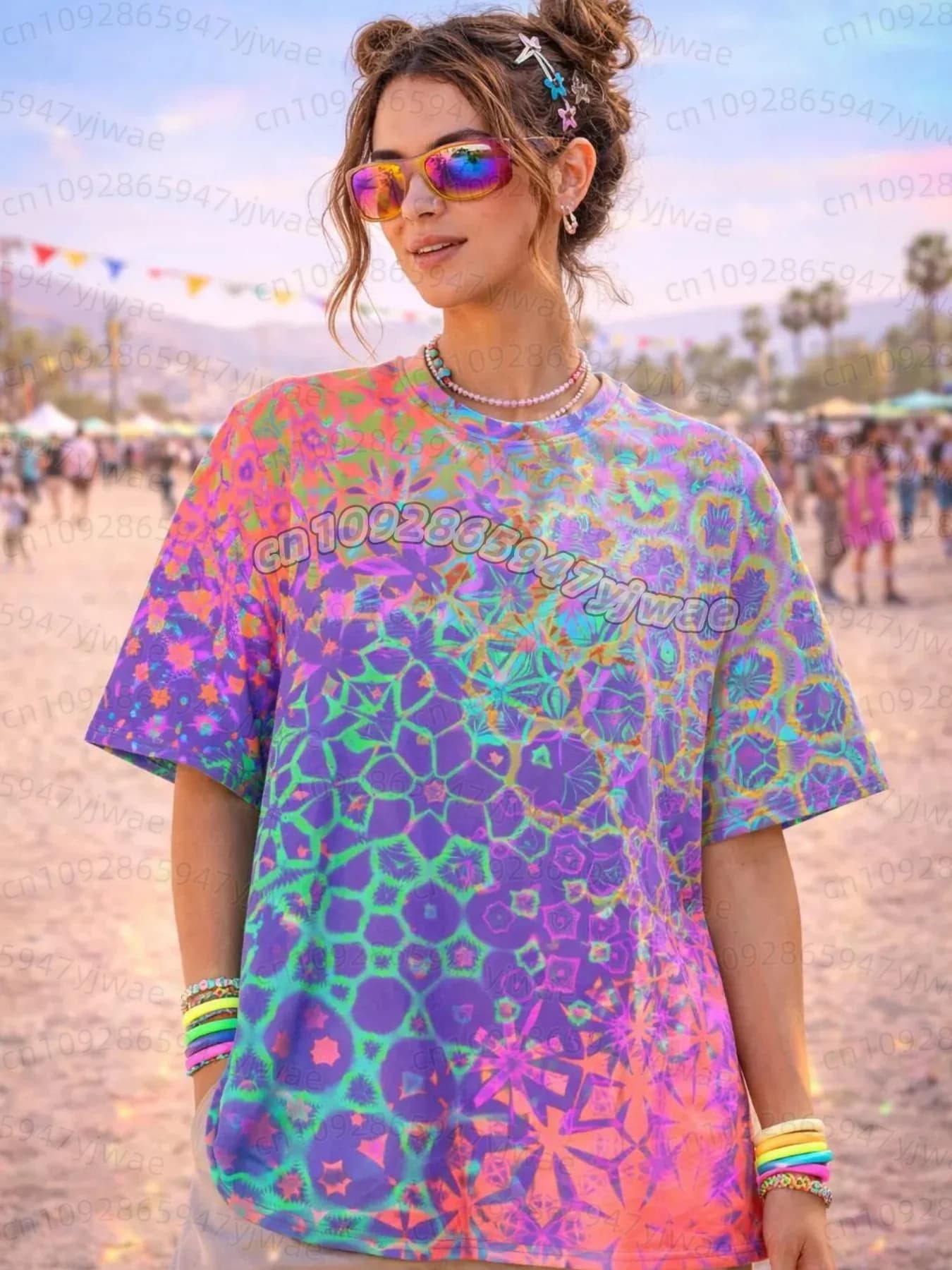 Women Rave Festival Outfit Oversized T‑Shirt Trippy Psychedelic Kaleidoscope Mandala Floral Print Short Sleeve Tee Boho Hippie S