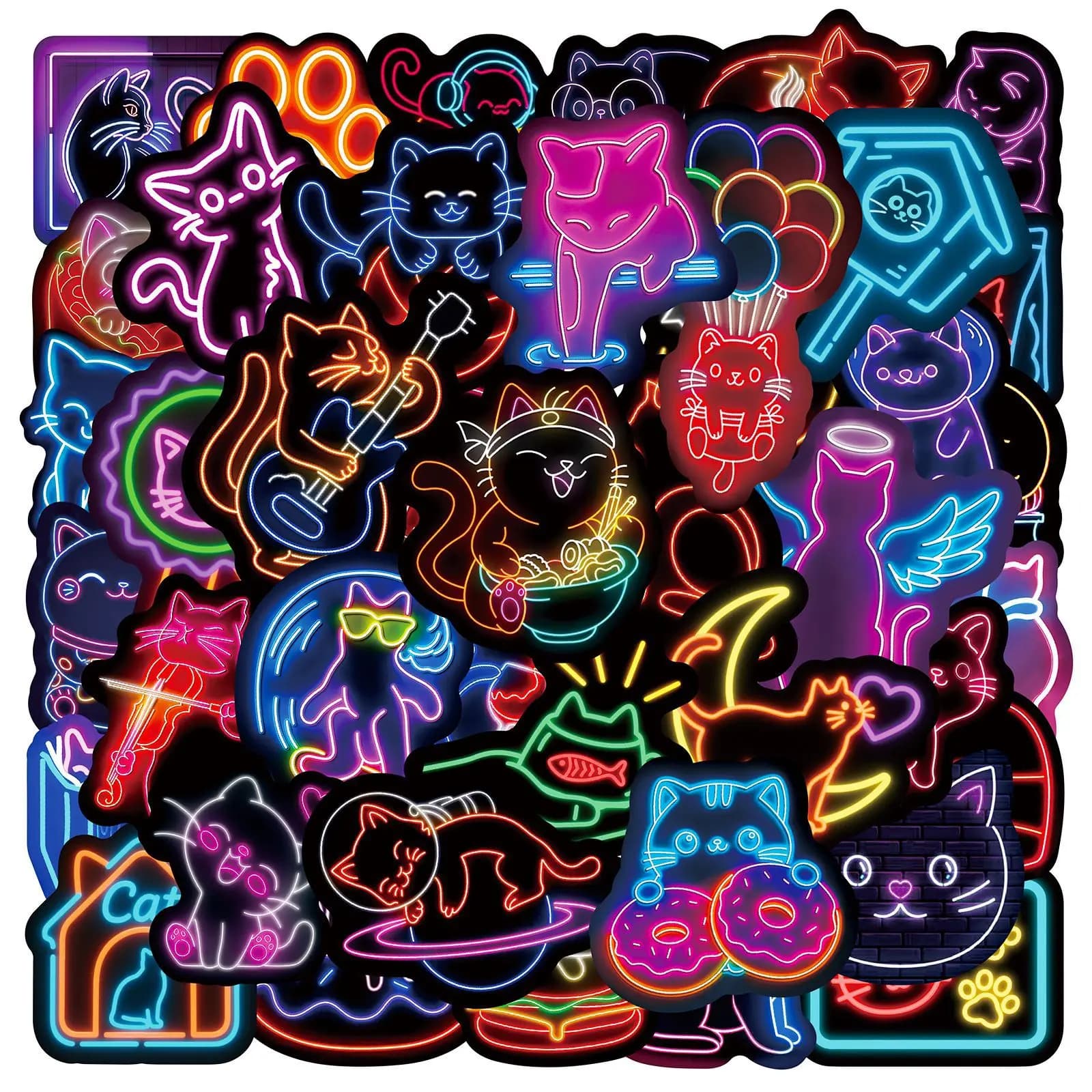50Pcs Cool Kawaii Neon Light Cat Stickers Cute Aesthetic Decals Laptop Phone Fridge Suitcase Decoration Sticker Kids Toys