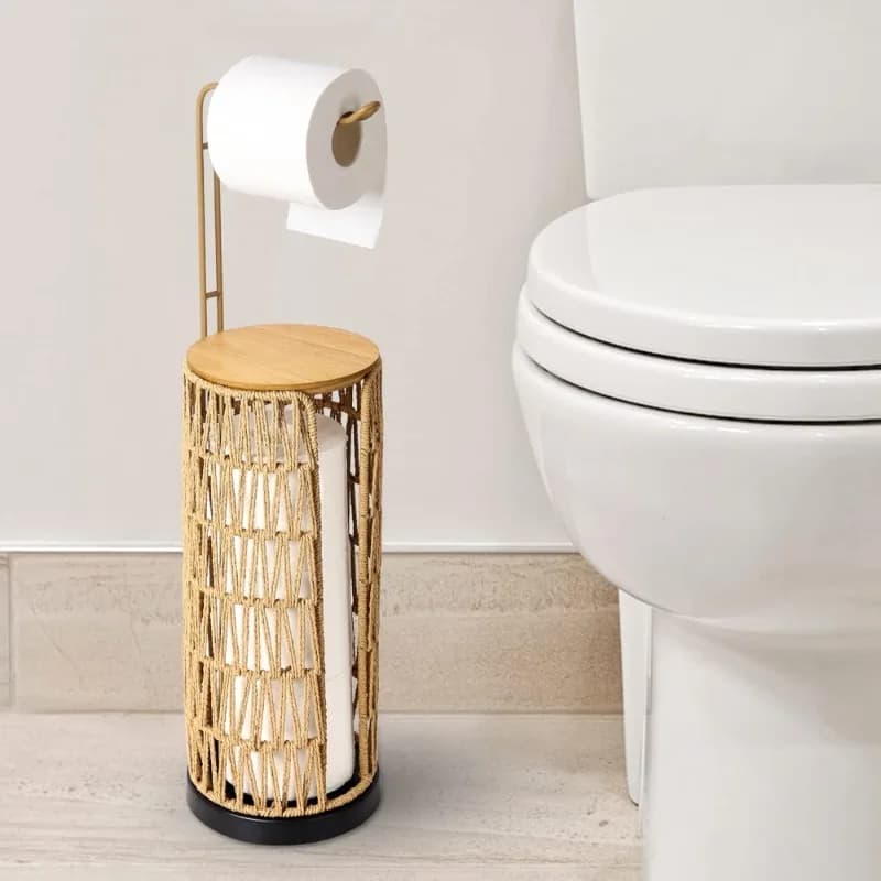 Porta carta igienica indipendente con portaoggetti per 3 rotoli Supporto in rattan intrecciato fatto a mano Boho Decorazioni per il bagno Tessuto per fattoria
