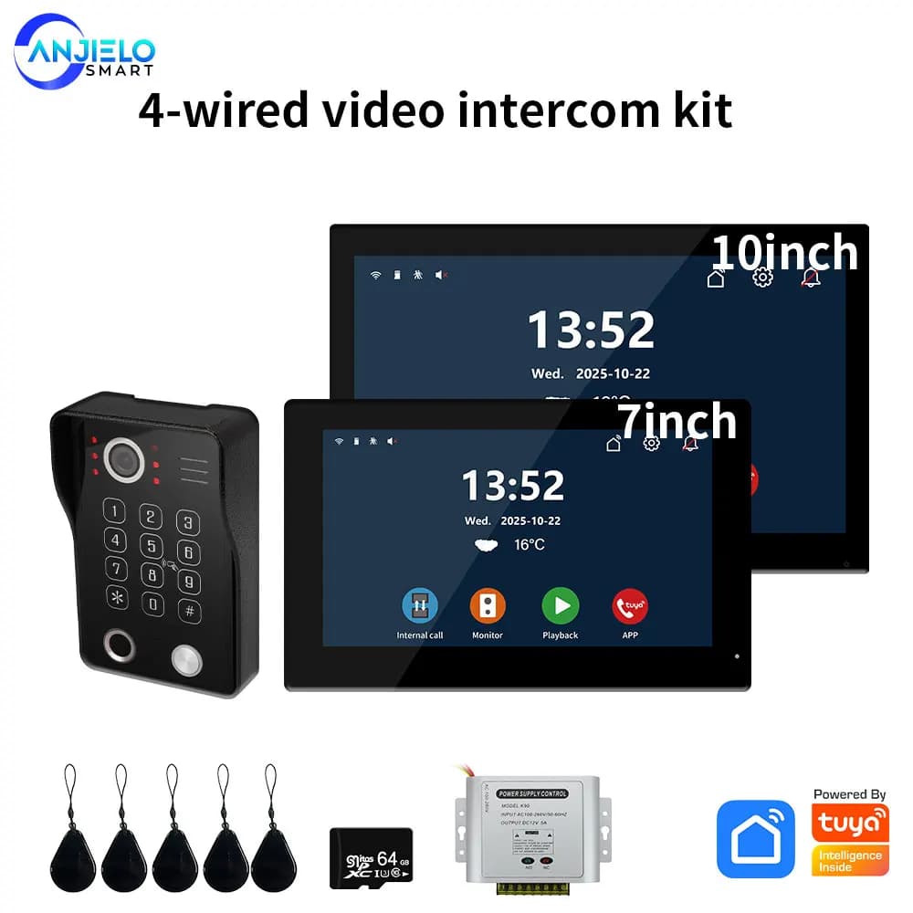 ANJIELO 5IN1 Sistema di videocitofono con sblocco delle impronte digitali per una sola famiglia Due stanze Tuya Smart Campanello Protezione di sicurezza