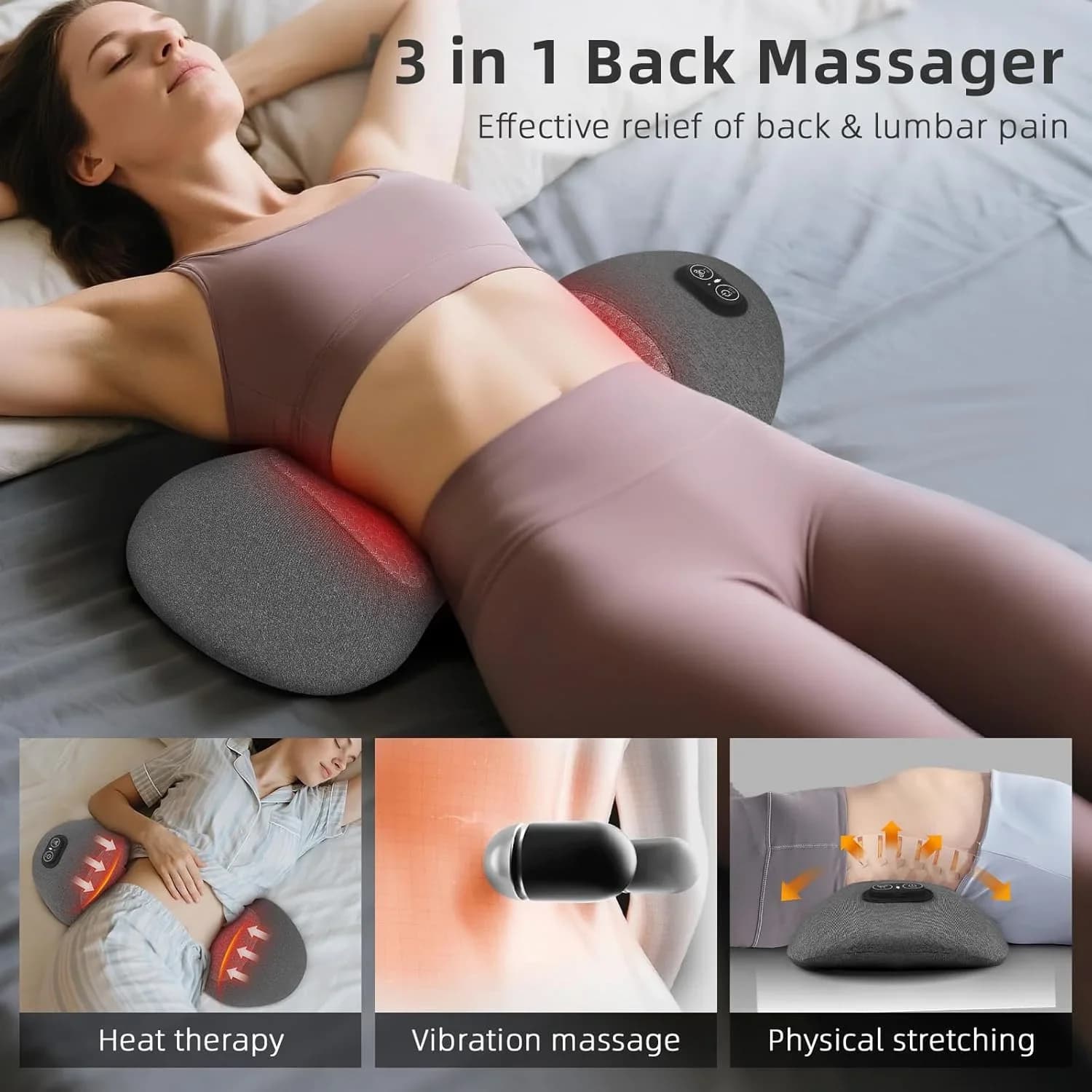 Cuscino di supporto lombare elettrico 3 in 1 con calore, vibrazione, trazione - Massaggiatore per la schiena della colonna vertebrale liscia regolabile per il mal di schiena