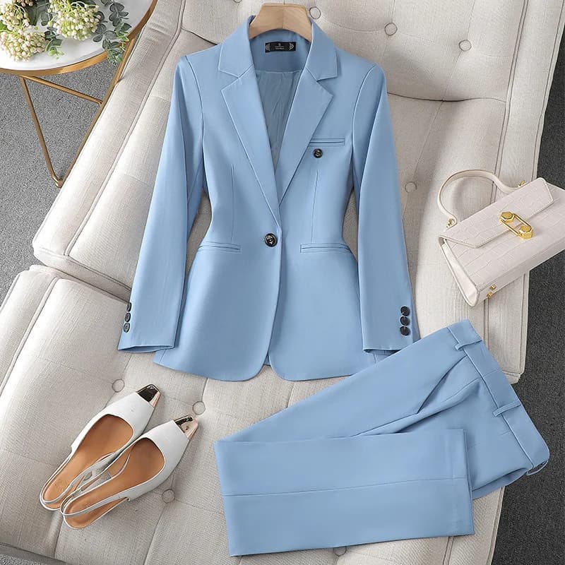 Women's Pant Suit Khaki Coffee Blue Female Office Ladies Business Work Wear Blazer Jacket and Trouser Ladies Formal 2 Piece Set