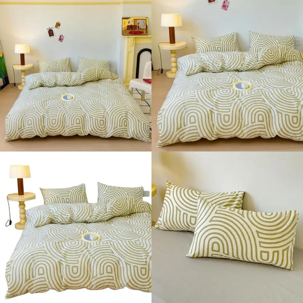 Queen Size 100% cotton cover set - Green yellow curves on white with stripes and geometric patterns, 2 pillowcases, Suitab