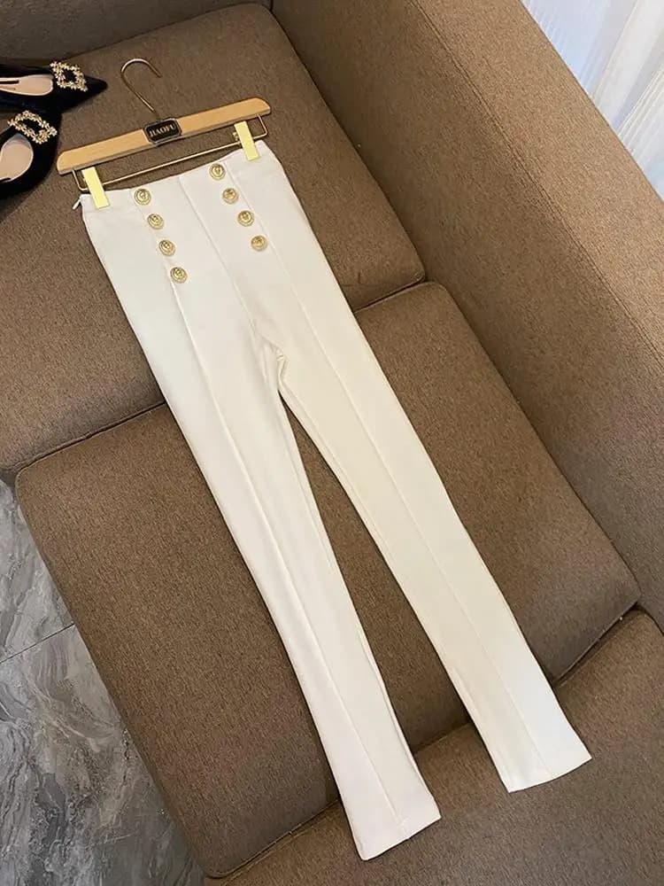 2026 New Style Double Row Metal Lion Buckle Slim Fit Elastic Long Pants Ladies' Base Layer Trousers 6685 Body Shaping Leggings