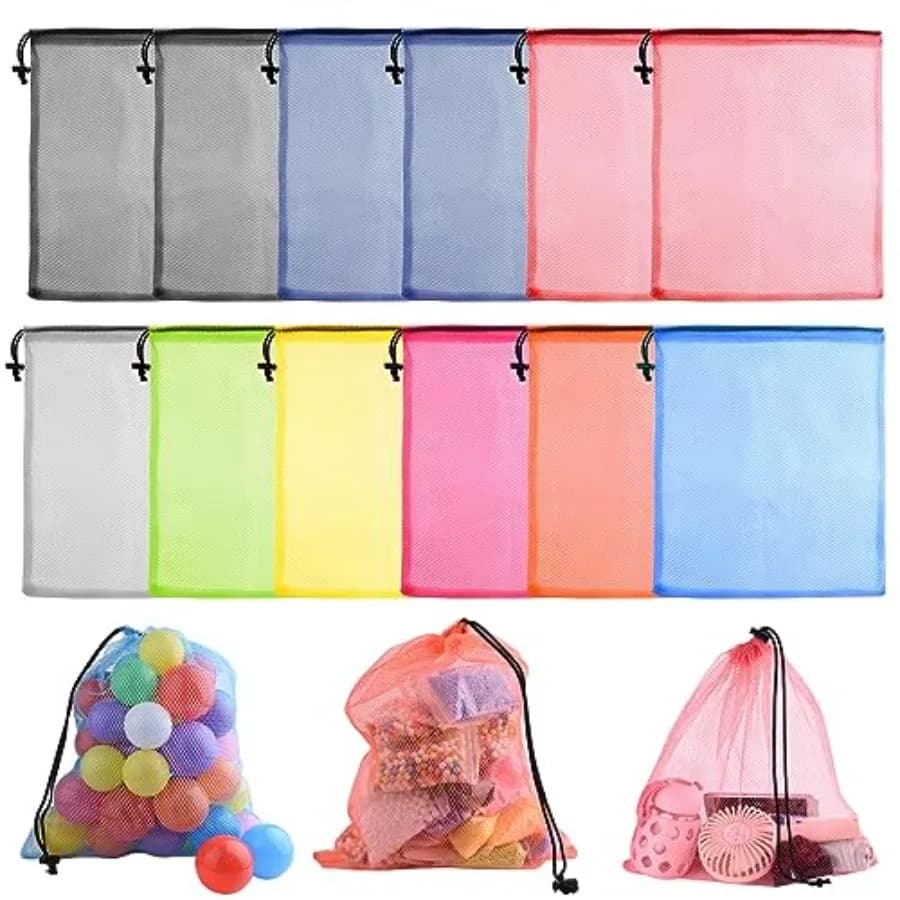 12 Pcs Mesh Bag Drawstring Mesh Laundry Bags, 13 x 15.5 Inch Nylon Drawstring Bag for Pool Beach Ball Toys Storage Bag for Coll