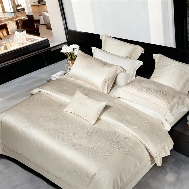1000TC Egyptian Cotton Wave Jacquard Satin Luxury Bedding Set Embroidery Border Silky Duvet Cover Set Bed Sheet Pillowcases 4Pcs