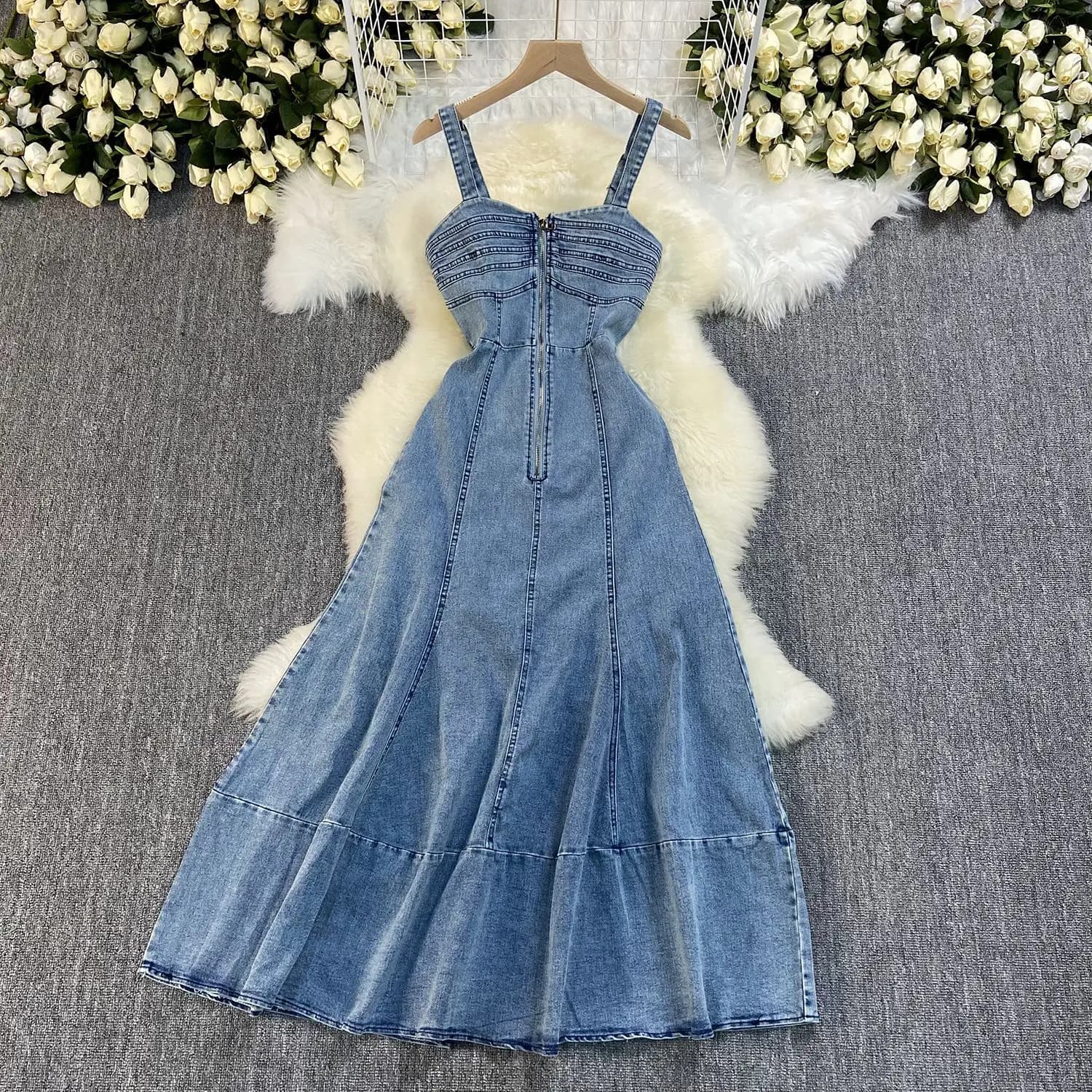 Abito lungo in denim Abiti da donna Una linea Slim Fit Abiti Cerniera Sling Senza maniche Streetwear Elegante giunzione Y2k Party Jeans 2025