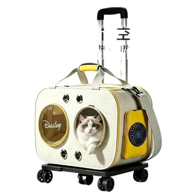 Multifunctional Cat Carrier Backpack with Fan and Wheels for Outdoor Travel Pet Luggage
