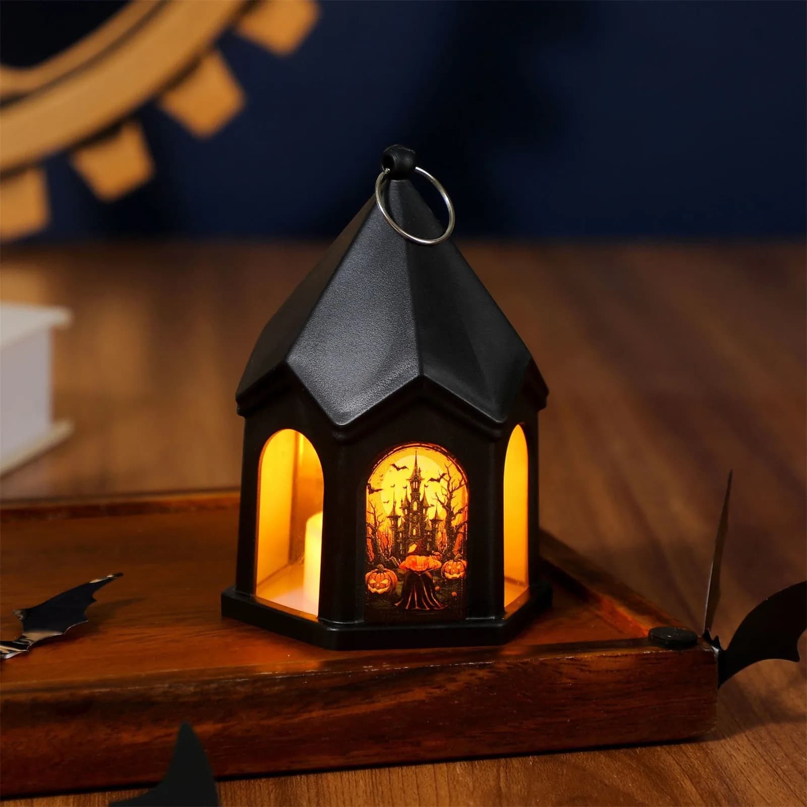 Halloween portatile nero punta a punta castello luce gatto terrificante castello di zucca modello strega per feste a tema horror