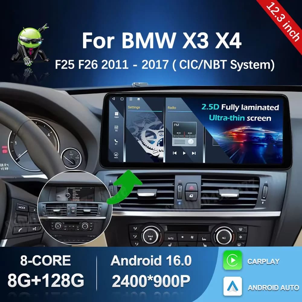 Lettore Multimediale GPS per Auto Android 16 per BMW X3 X4 F25 F26 2011-2017 Sistema CIC NBT WiFi BT Carplay 4G