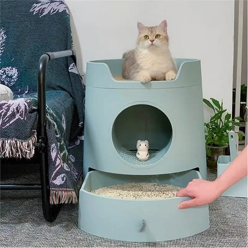 Lettiera per Gatti Semi-Chiusa con Cassetto e Cuccia Combinata, Toilette per Gatti Grande Stile Castello, Arredo Salvaspazio per Gatti da Interno