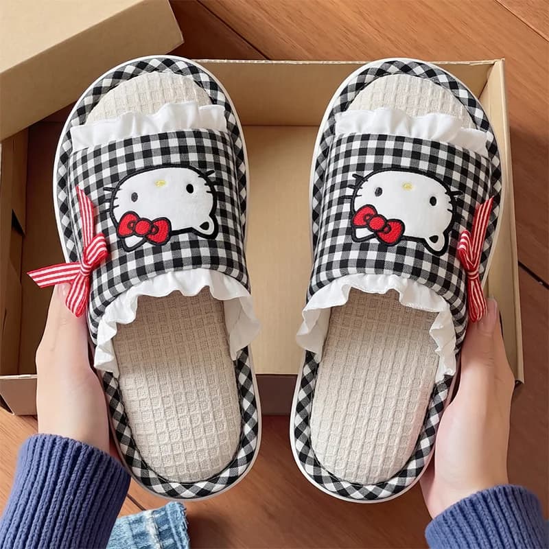 Pantofole da donna Hello Kitty stile cartone animato, primavera autunno, Sanrio, da interno, antiscivolo, con suola morbida, in lino, carine, da ragazza