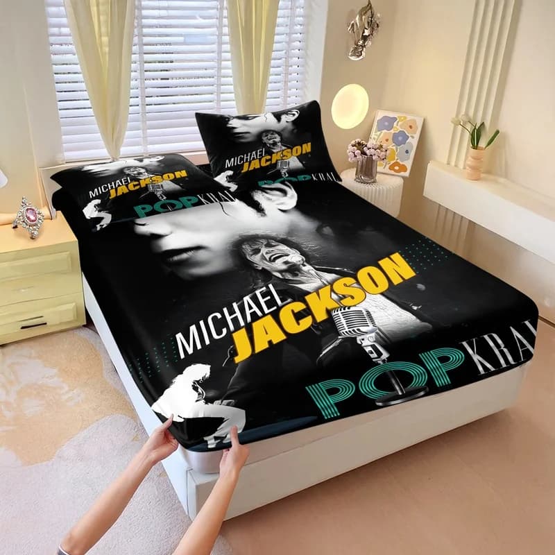 Michael Jackson Print Fitted Sheet Set Classic The King Of Pop Collage Bed Sheet Set Retro Elastic Deep Pocket Bed Linen Decor