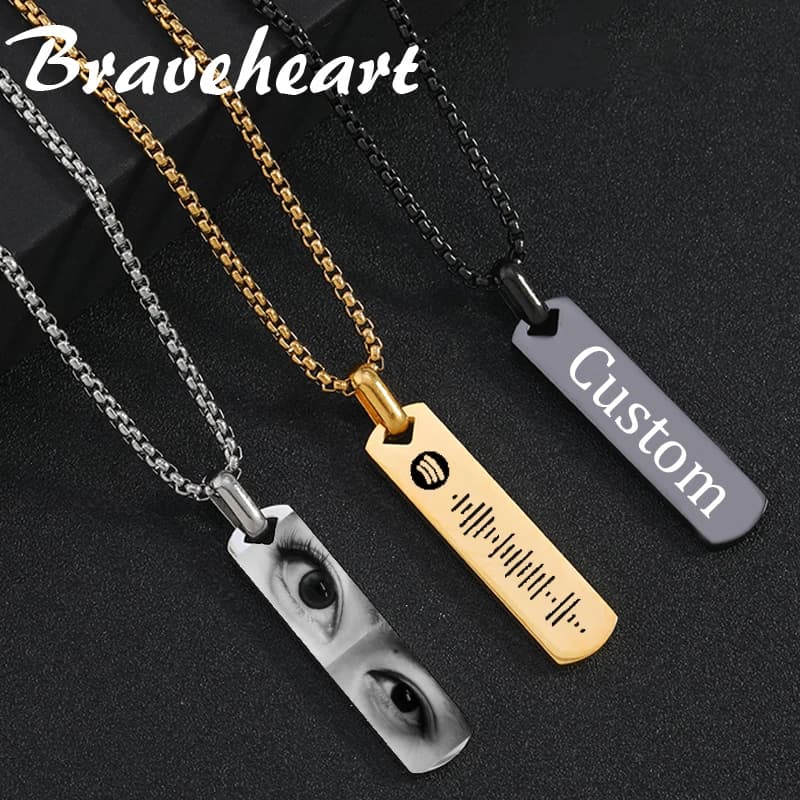 Women's Laser Engraved Square Bar Necklace Custom Name Eyes Photo Jewelry Gifts With Stainless Steel Pendant
