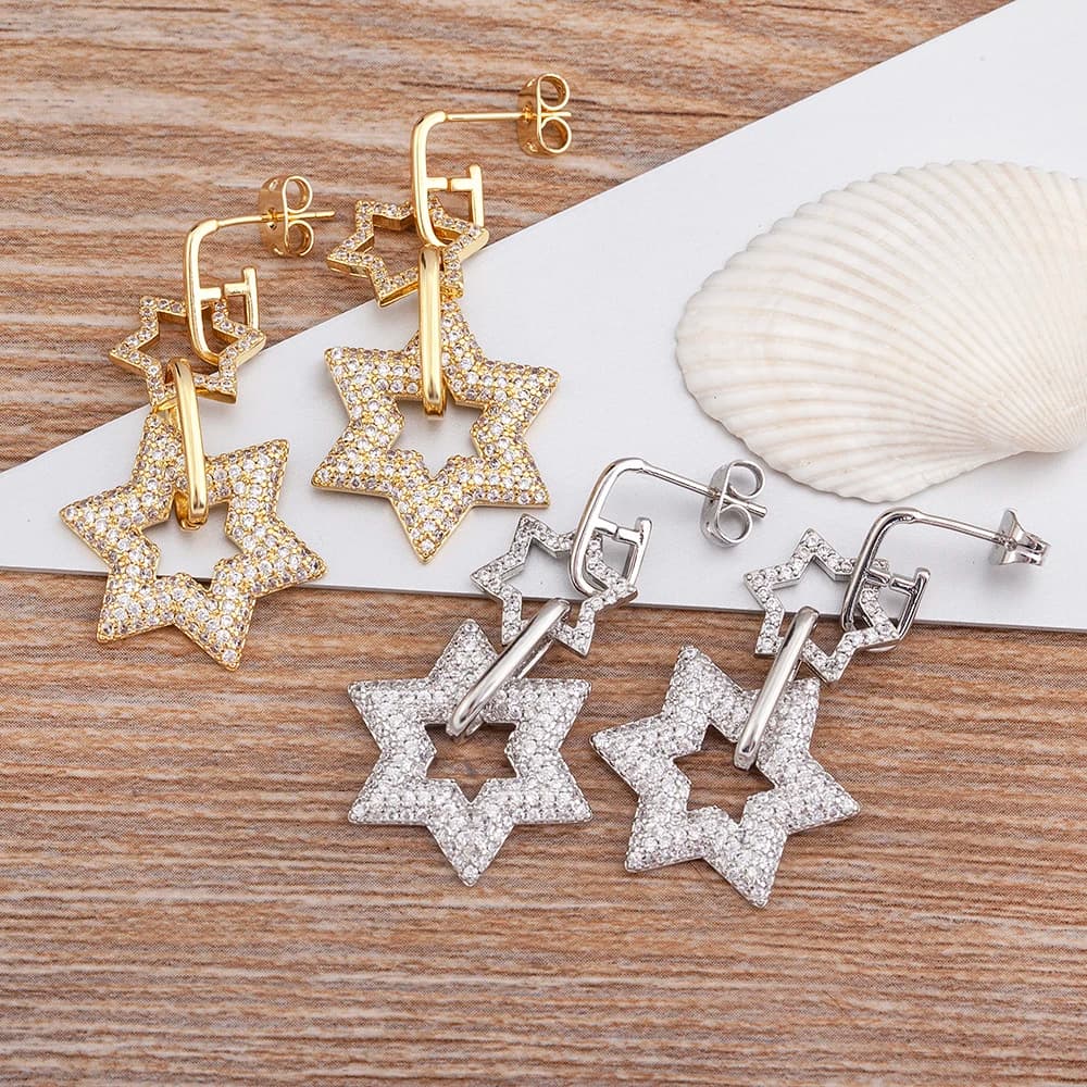 Nidin Classic 2 colori rame zircone Lucky Star Shiny strass orecchini pendenti donna Retro Fine jewelry Trend accessori per feste