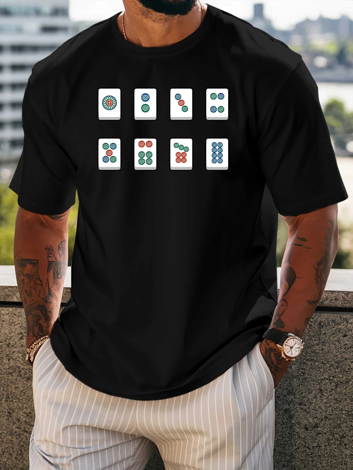 Mens Crew Neck T Shirt Chinese Mahjong Circle Tiles Cartoon Graphic Short Sleeve Casual Cotton Board Game Lover Streetwear Tees