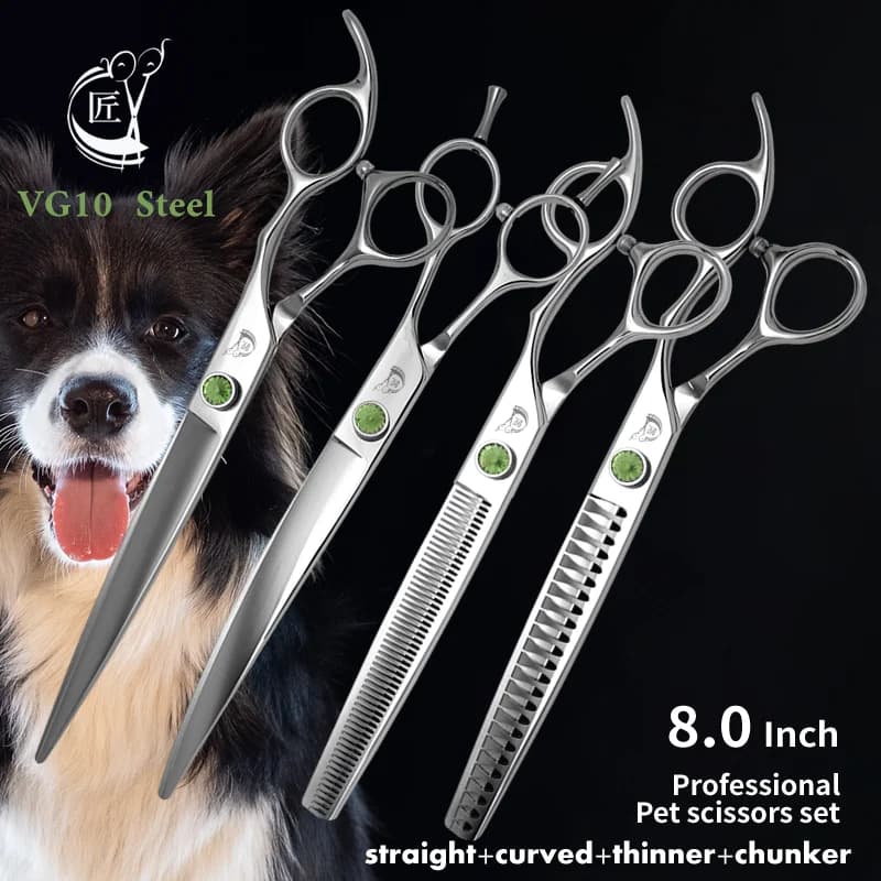Set di forbici professionali per animali domestici da 8 pollici gru forbici per toelettatura per cani Kit in acciaio VG10 cesoie per sfoltire Chunker curve diritte di fascia alta