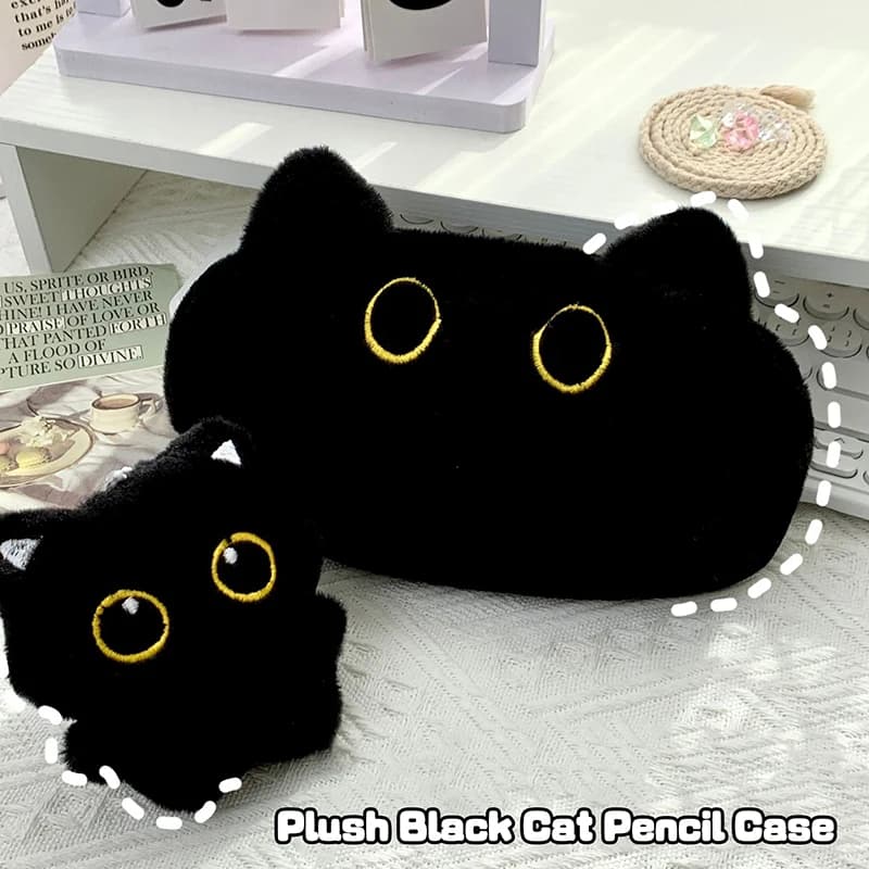 Cute Black Cat Plush Pen Bag Large Capacity Pencil Case Cute Cartoon Stationery Storage Bag Supplies Student Back To School Gift