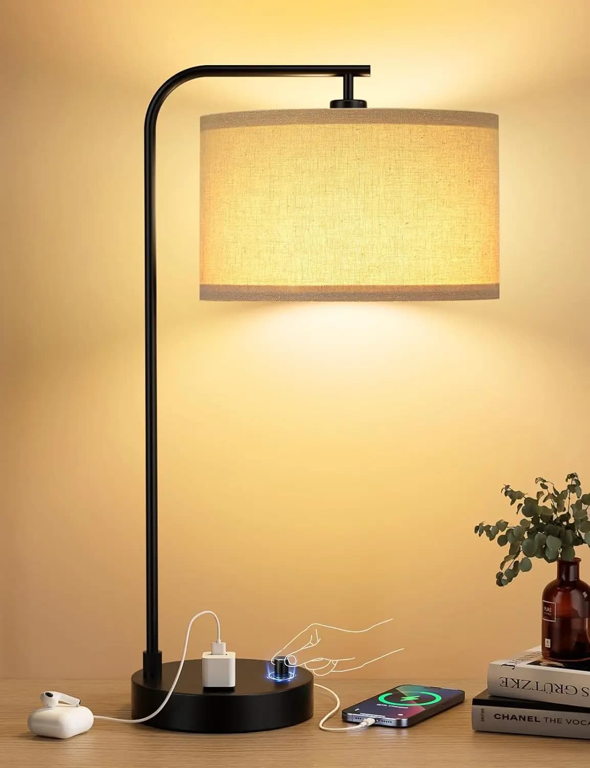 Lampada da Tavolo Alta con Porta USB e Presa di Corrente, Lampada da Comodino Dimmerabile con Paralume in Lino, Lampada da Scrivania per Camera da Letto, Soggiorno, Ufficio, Lampadina LED Inclusa