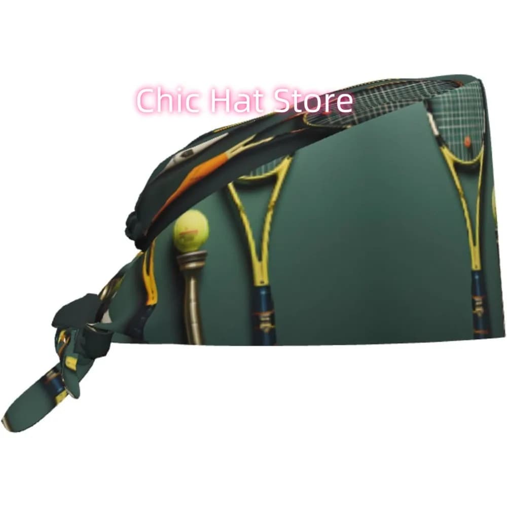 Berretto da lavoro per la pulizia Palline da tennis e racchette Stampe Cappello da cuoco per donna e uomo, regolabile, traspirante Nero