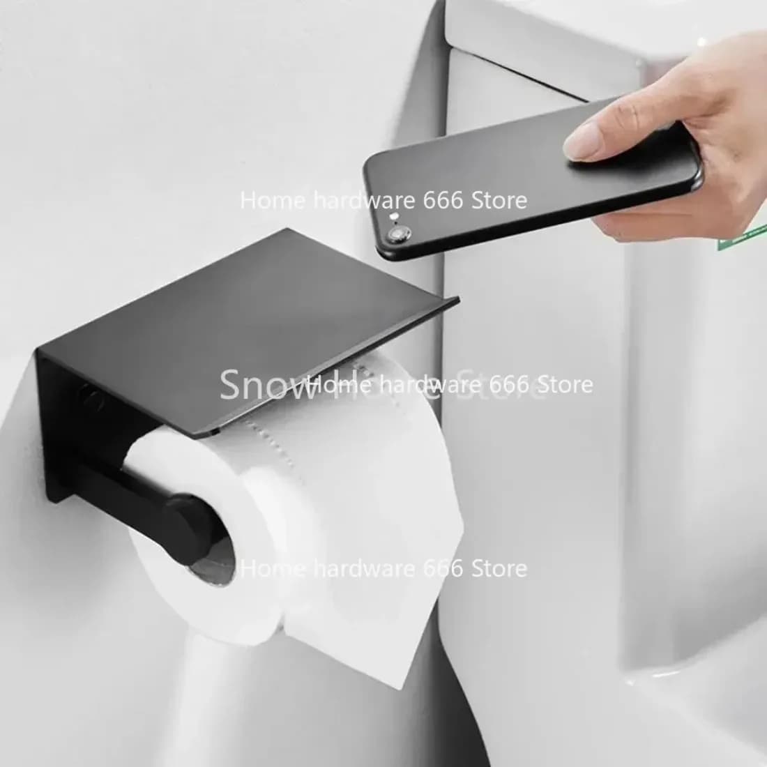 Portarotolo da parete nero con ripiano porta telefono, accessori per il bagno