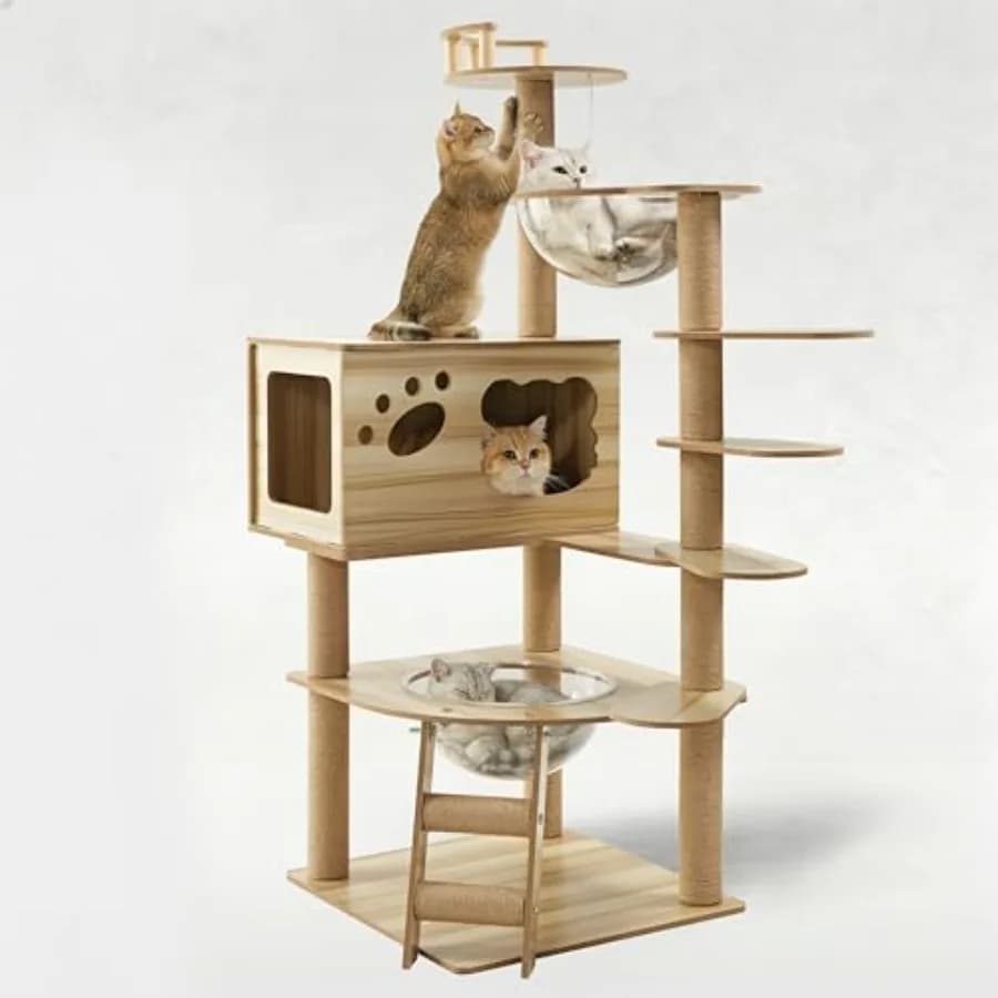 Grande Albero per Gatti in Legno da 52 Pollici, Torre Multi-Livello per Gatti da Interno con Tiragraffi, Casetta, Pompon e Tappetino Graffiatore Giallo