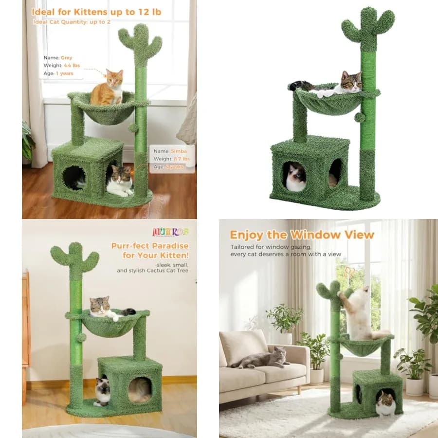Tiragraffi per Gatti a Forma di Cactus con Grande Amaca in Metallo, Tiragraffi per Gatti da Interno con Cuccia e Giocattolo Sostituibile B
