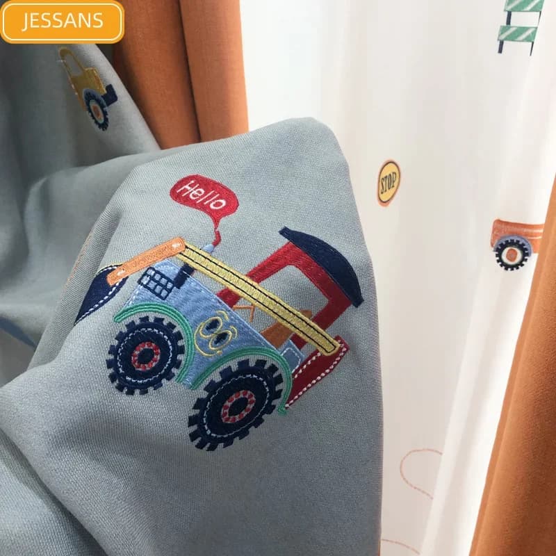 High-end Children's Room Boy Room Excavator Car Embroidery Stitching Curtains for Bedroom Customized Finished Product