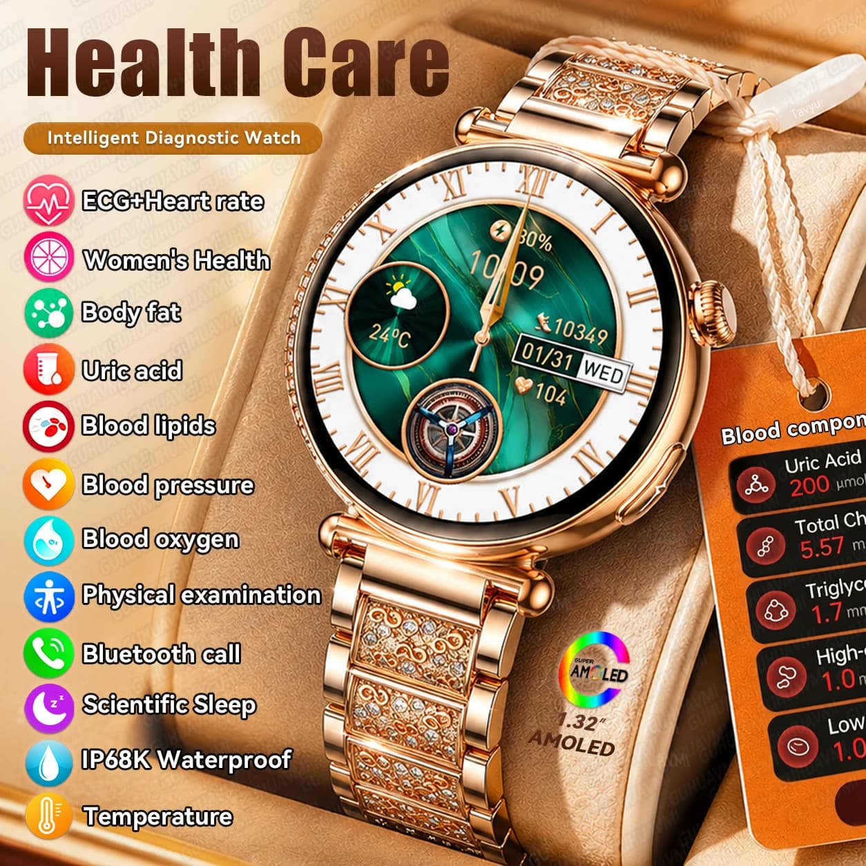Nuovo Smartwatch per la Salute Femminile 2026 con ECG+PPG, Pressione Sanguigna, Lipidi, Acido Urico, Chiamate Bluetooth, Oro/Rosa