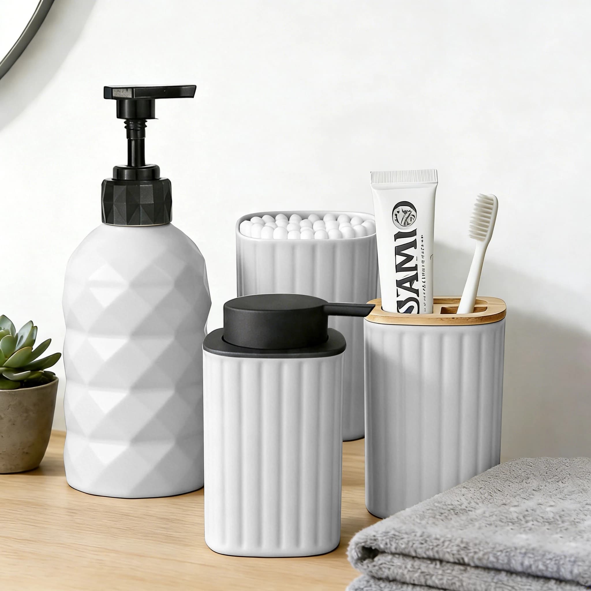 Matte Bathroom Vanity Accessories, Kit Include Soap Dispenser Toothbrush Holder, Cotton Swab Container, Aesthetic Bath Decor