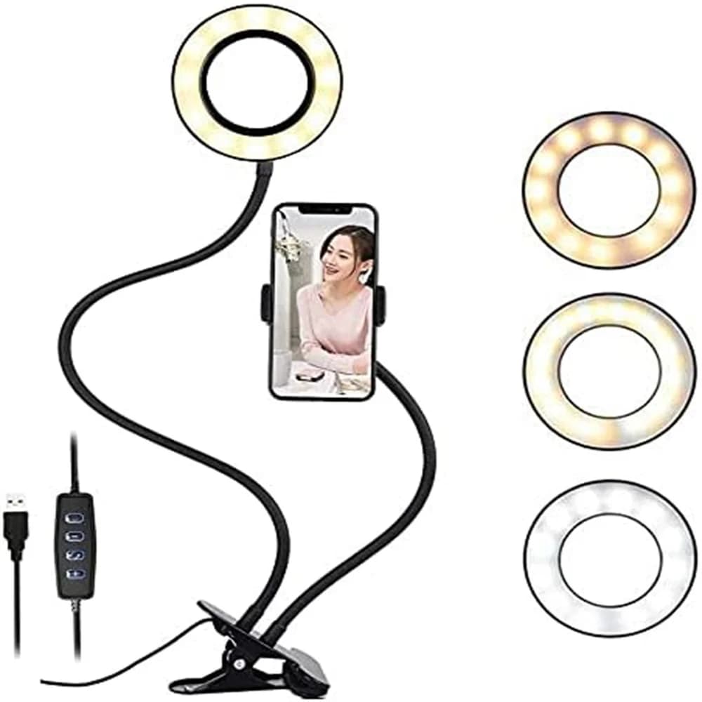 Clip Reading Lamp with Phone Support Desk Lamp 360 ° Flexible Luminous Ring for Swanneck Selfie for Live Stream Filling Lights