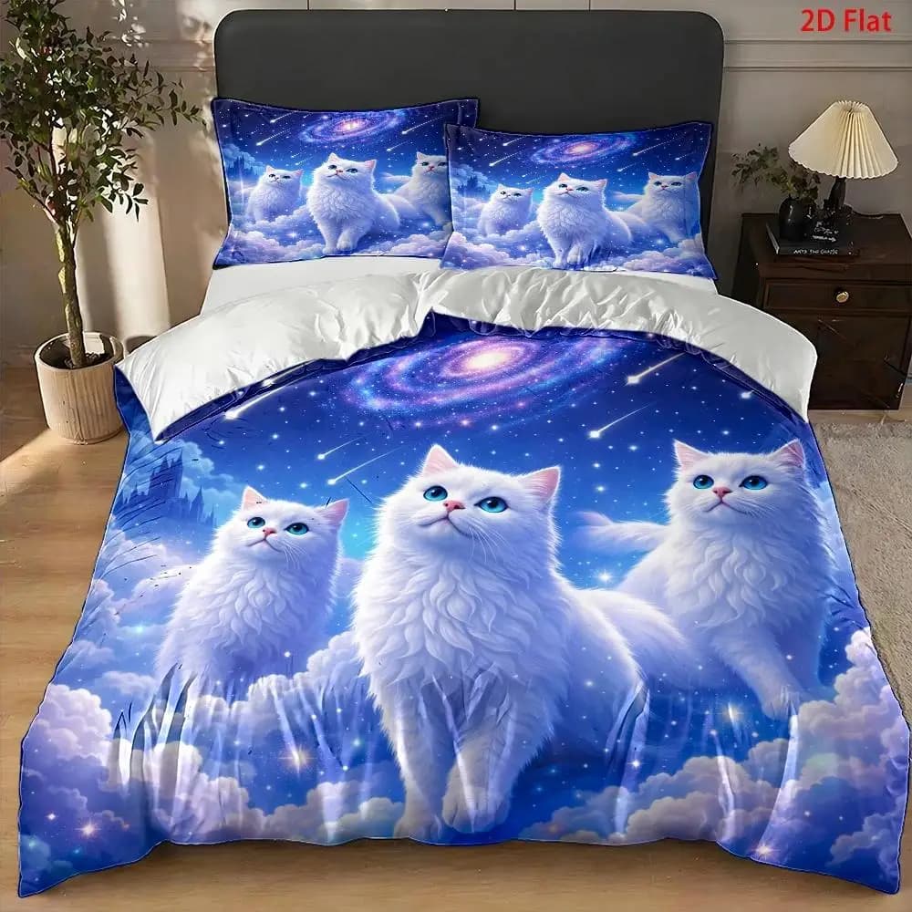 Duvet Cover Set 3 Piece, Starry Sky Galaxy Cat Theme, Dreamy Realistic Style, Ultra Soft Brushed Bedding for Bedroom, Hotel, Dormitory