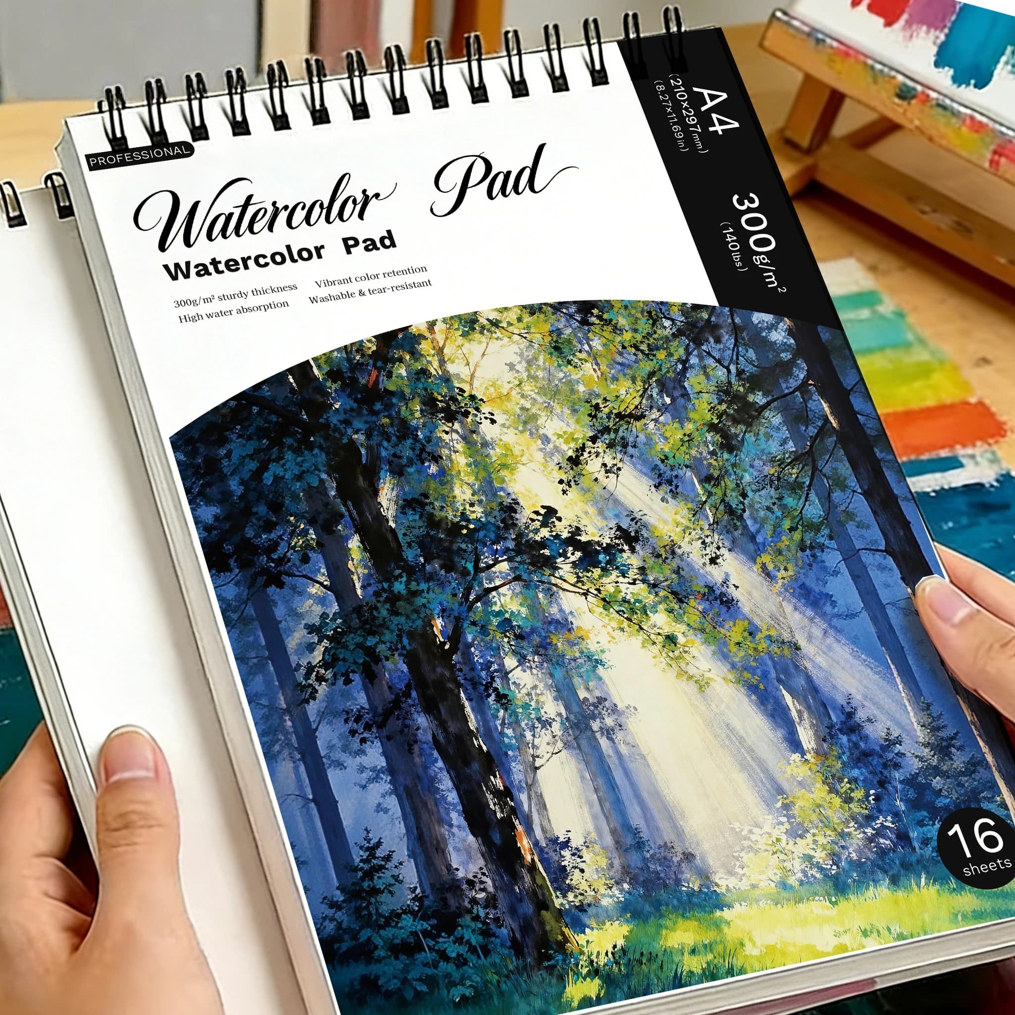 A4 Spiral Watercolor Pad 300gsm, Sunbeams Through Forest Cover, 16 Sheets Acid-Free Art Sketchbook for Back to School & Gif